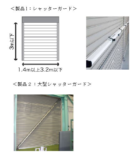 A:シャッタ補強部材 <br/>B:シャッタの耐負圧補強具 <br/>C:スライド式シャッタの補強構造