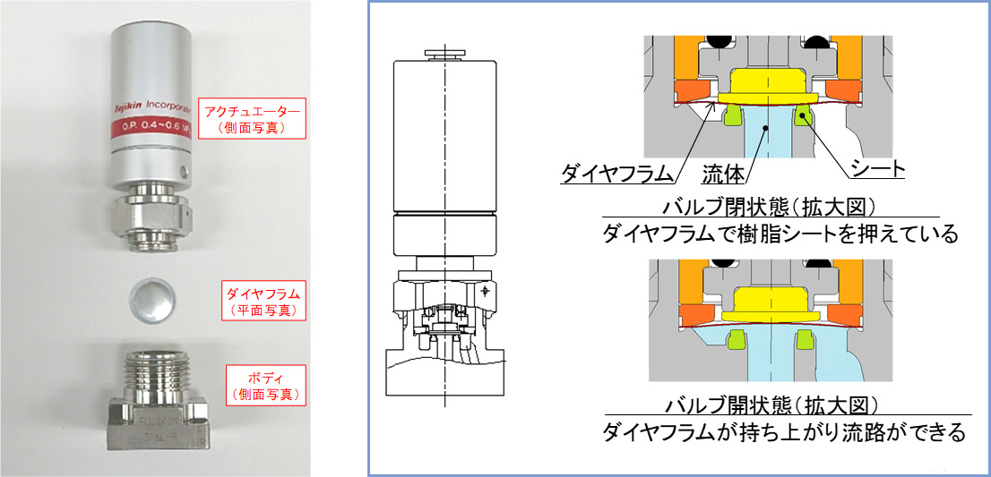 図1 ダイヤフラムバルブ分解写真（左） 図2 ダイヤフラムバルブの構造（右）